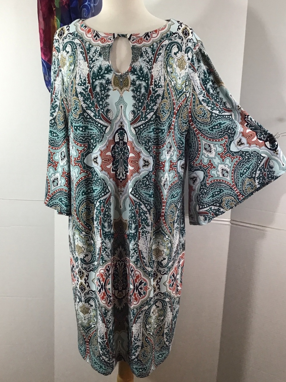 Chico's Teal Green Multi Paisley medallion Tunic dress with Keyhole 16-18